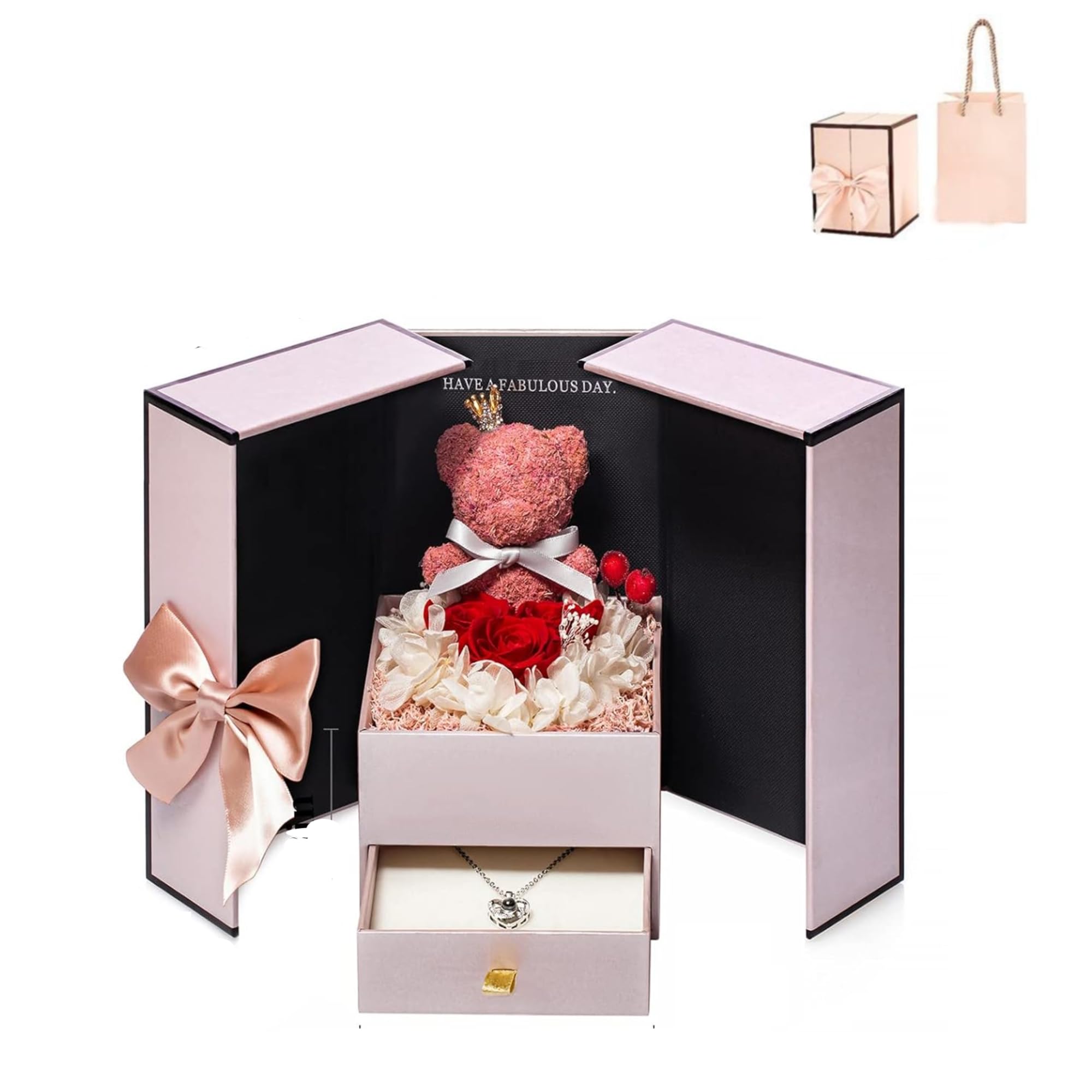 AIVER Surprise Gift Box with Teddy Bear, Artificial Roses Special Wife Gift Box for Women with Heart Necklace, Velintine Birthday Gift Girlfried Set of 1 Pink Box