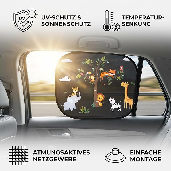 2 Stück Auto Sonnenschutz Baby Kinder mit UV Schutz, Sonnenblende Auto für täglichen Schutz, 44x36 cm mit 8 Saugnäpfen & Süßen Tier Motiven (Forest Animals) - 5