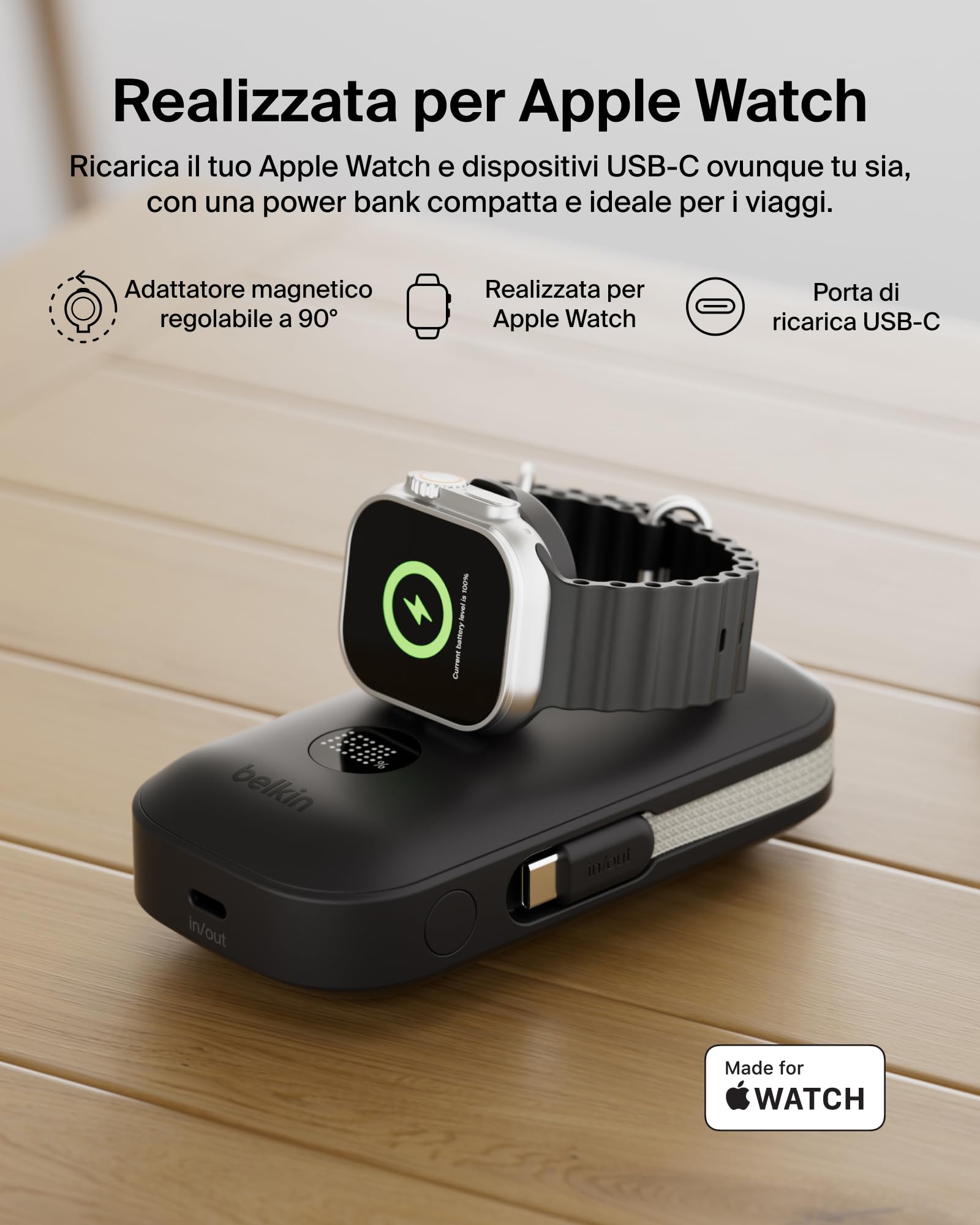 Belkin BoostCharge Pro Power Bank 10000mAh con Caricatore per Apple Watch, Caricatore Portatile con Cavo USB-C Intrecciato e Display Digitale, Batteria Portatile 45W per Ricaricare 3 Dispositivi, Nero