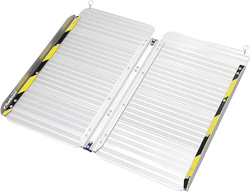 Ruedamann Rampa de umbral plegable de aluminio, capacidad de 600 libras, almohadilla antideslizante, asa de cincha, almohadilla silenciosa