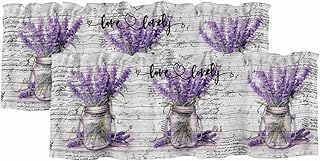 2 Pack Valance Curtains for Kitchen Windows Watercolor Purple Lavender Vase Rod Pocket Curtain Pastoral Plant on Retro Wood Plank Small Window Treatment Topper for Bedroom Living Room , 42x12in