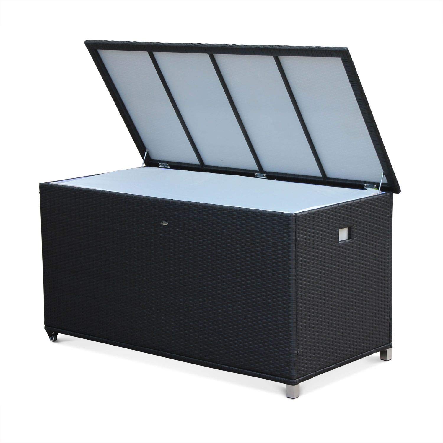 Coffre de jardin en résine tressée Cassapanca Noir 790L 162x82cm rangement coussins