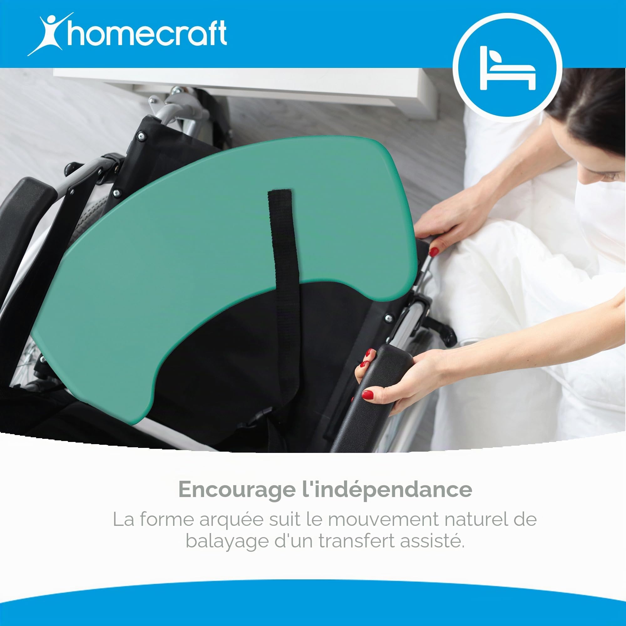 Days, planche de transfert incurvée, robuste, en plastique renforcé et imperméable, bords arrondis, extrémités antiglisse, pour personnes à mobilité réduite et utilisateurs de fauteuil roulant.