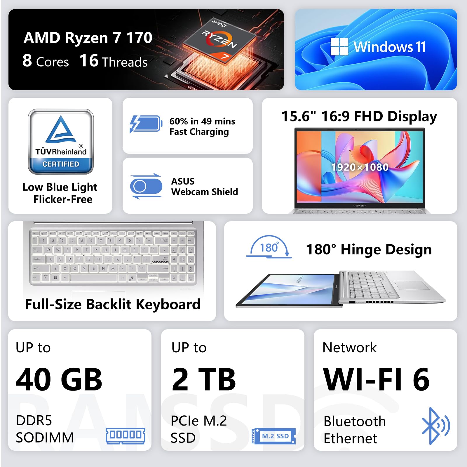 ASUS Vivobook 15 Laptop, AMD Ryzen 7 170 (> R7 7730U) processore AI-Powered Processor, 15.6" FHD, 32GB RAM, 1TB SSD, retroilluminato e tastiera numerica, Wi-Fi 6, scudo fisico webcam, Win11 Home