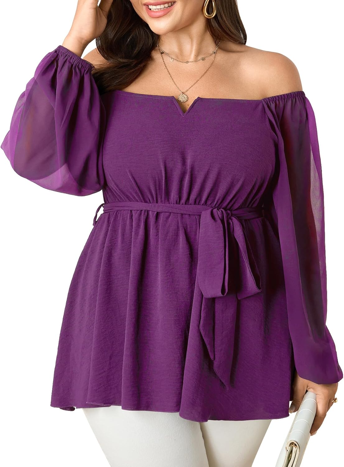 SCOMCHIC Womens Plus Size Peplum Tops Long Sleeve Square Neck Blouse Ruffle Hem Tie Waist Babydoll Top