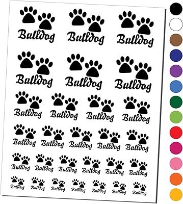 Bulldog Dog Paw Prints Fun Text Temporary Tattoo Water Resistant Fake Body Art Set Collection - Black (One Sheet)