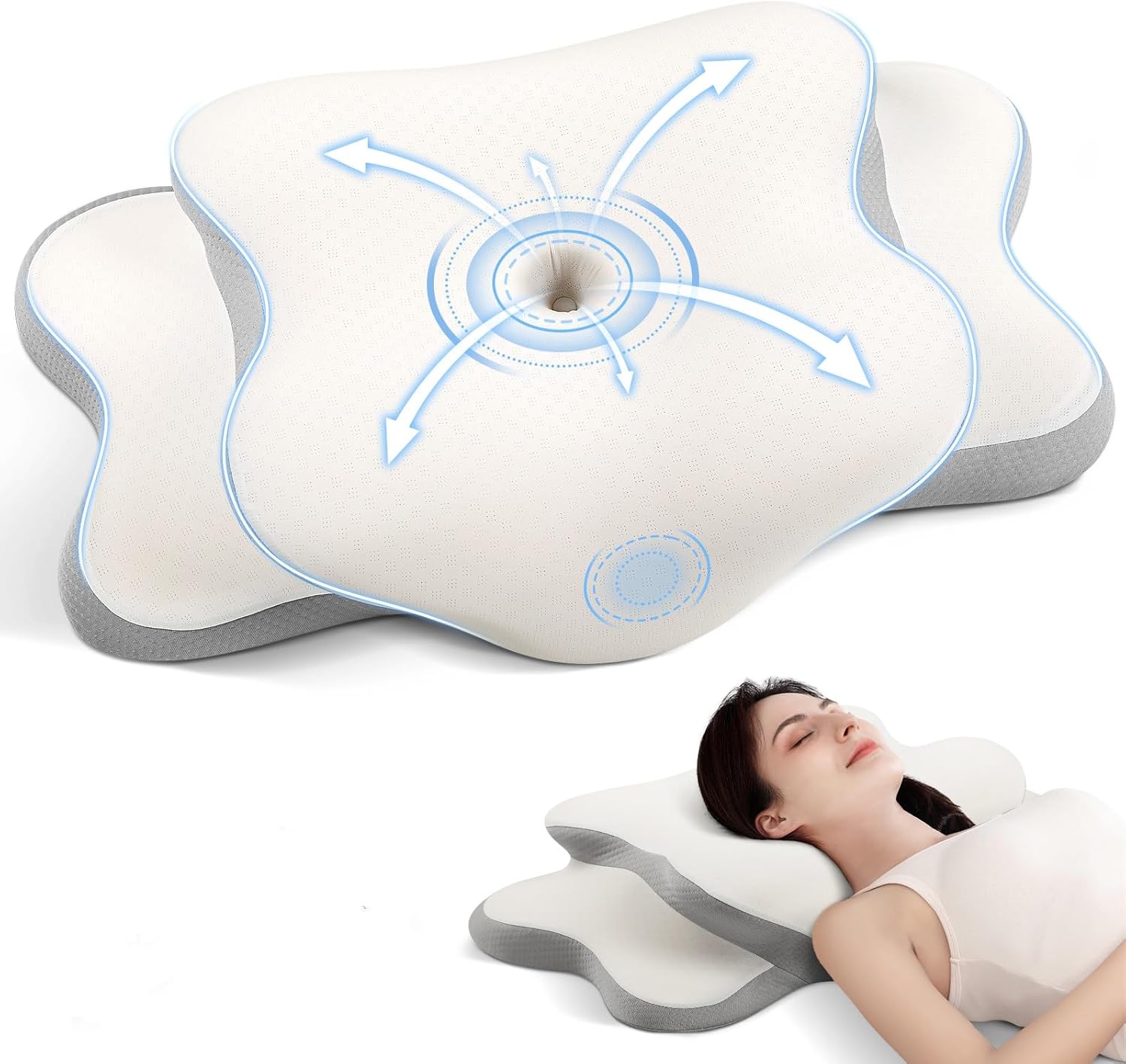 JINXIA Cervical Neck Pillow for Sleeping, Odorless Memory Foam Pillows & Soft Silk Cover, Ergonomic Orthopedic Pillow for Side Back Stomach Sleepers, Neck and Shoulder Pain Relief, White and Gray
