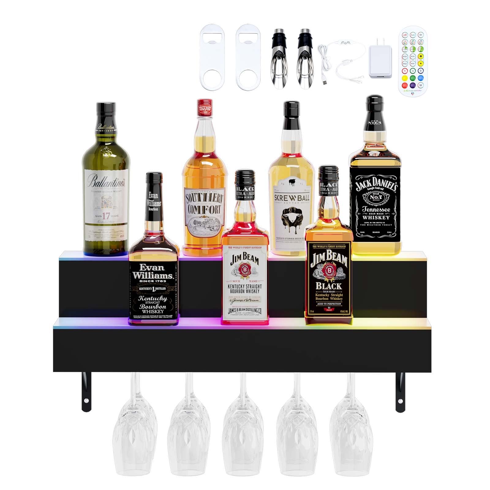 Dethan 2 Tier 24 Inch LED Lighted Liquor Bottle Display Shelf - Wall-Mounted Wine Rack with Multi-Color App & Remote Control, Adjustable Brightness &