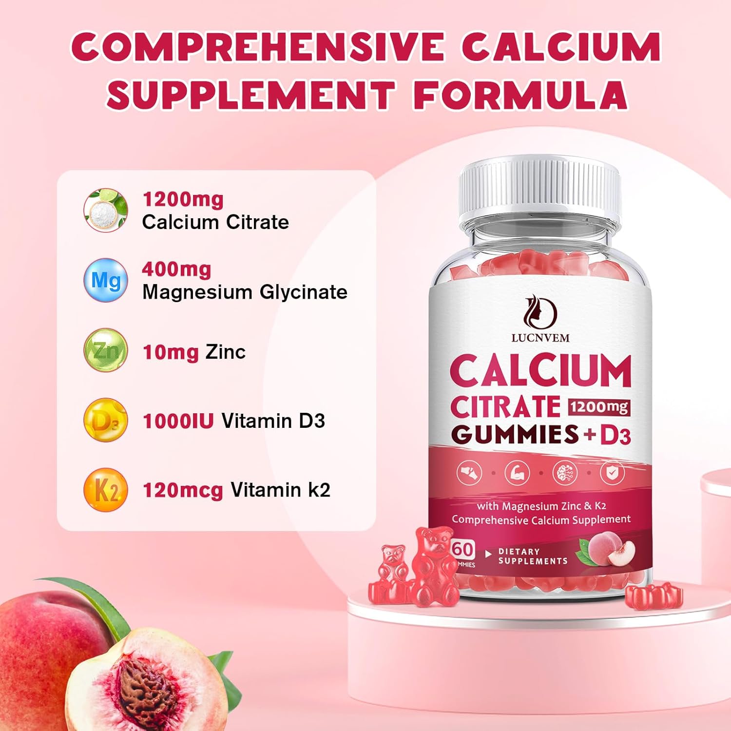 Calcium Citrate 1200mg with Vitamin D3 Gummies, Calcium Gummies with Vitamin D3 for Women & Men, Cal Magnesium Zinc for Bone Muscle Healthy- Natural White Peach Flavor- 30 Day Supply - Image 2