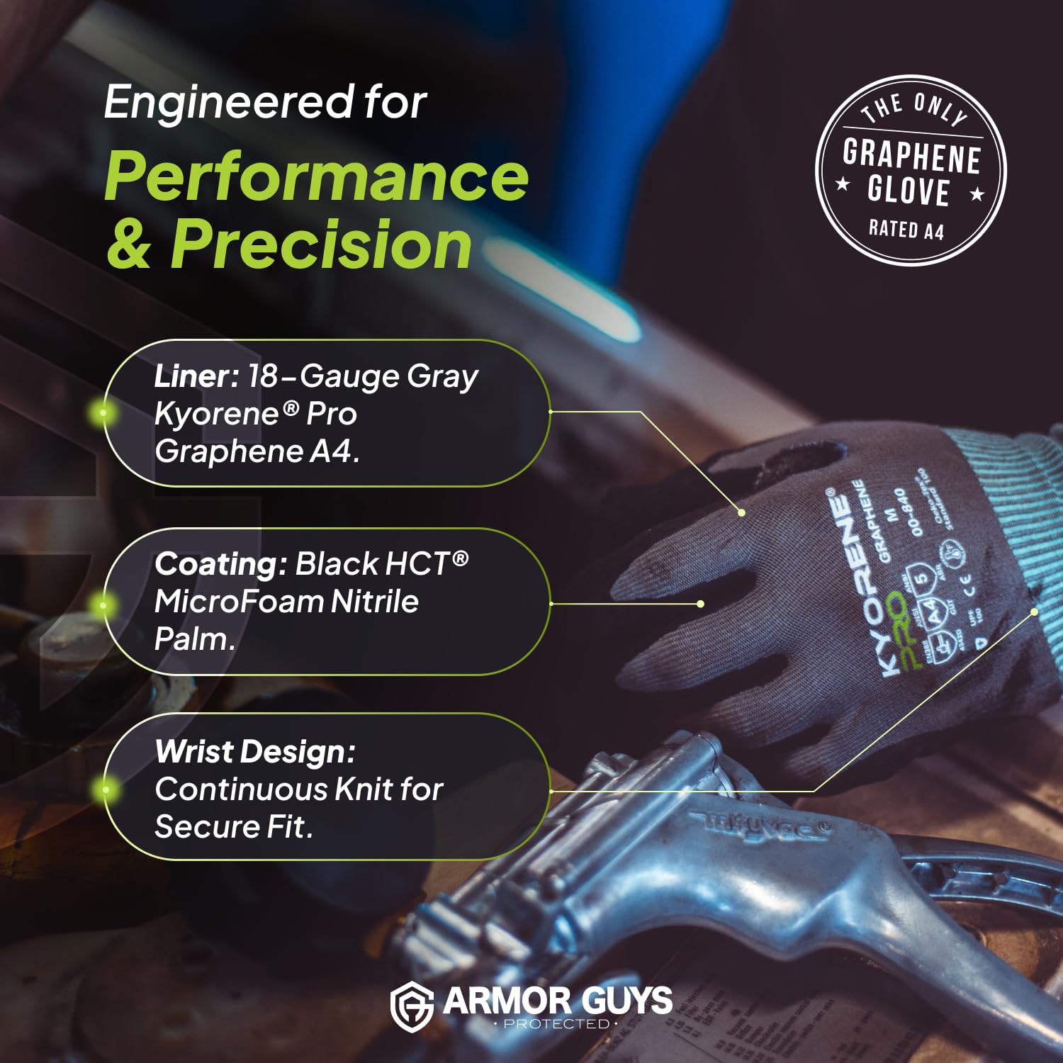 Armor Guys Kyorene Pro 00-840 - Guantes de trabajo resistentes a cortes A4, grafeno, agarre de nitrilo, duraderos, transpirables para uso industrial, L, 12 pares