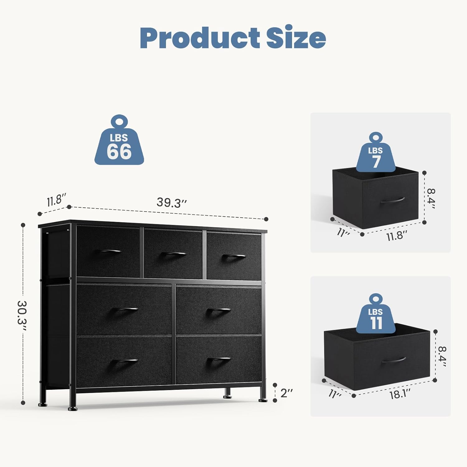 Dresser for Bedroom with 7 Drawers, Anti-Tip Fabric Storage Tower, Wood Top and Metal Frame Organizer for Clothes, Closet, Entryway, Hallway Furniture,Black