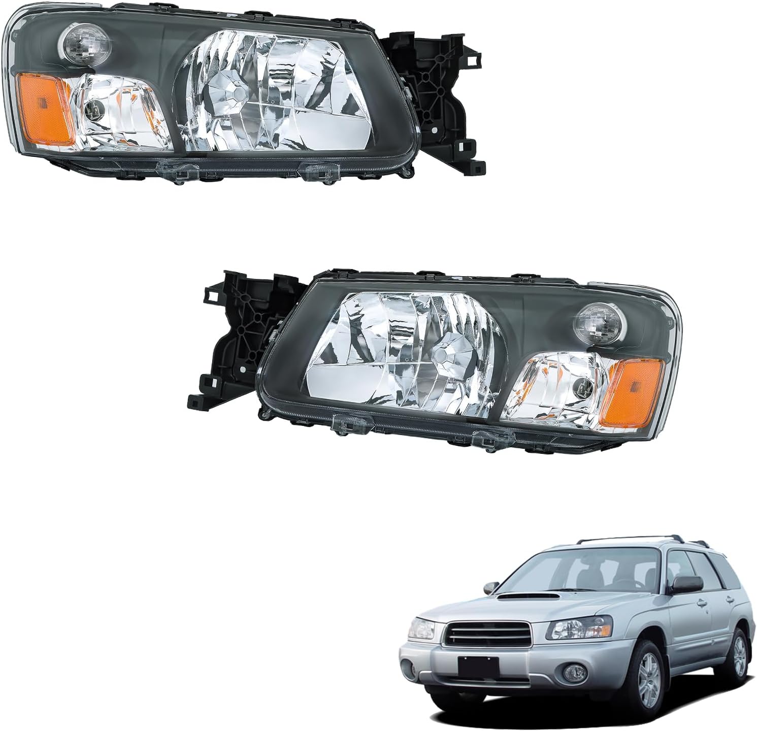 Headlamps Headlights Driver and Passnger Side Black Halogen Replacement for Forester 2003 2004