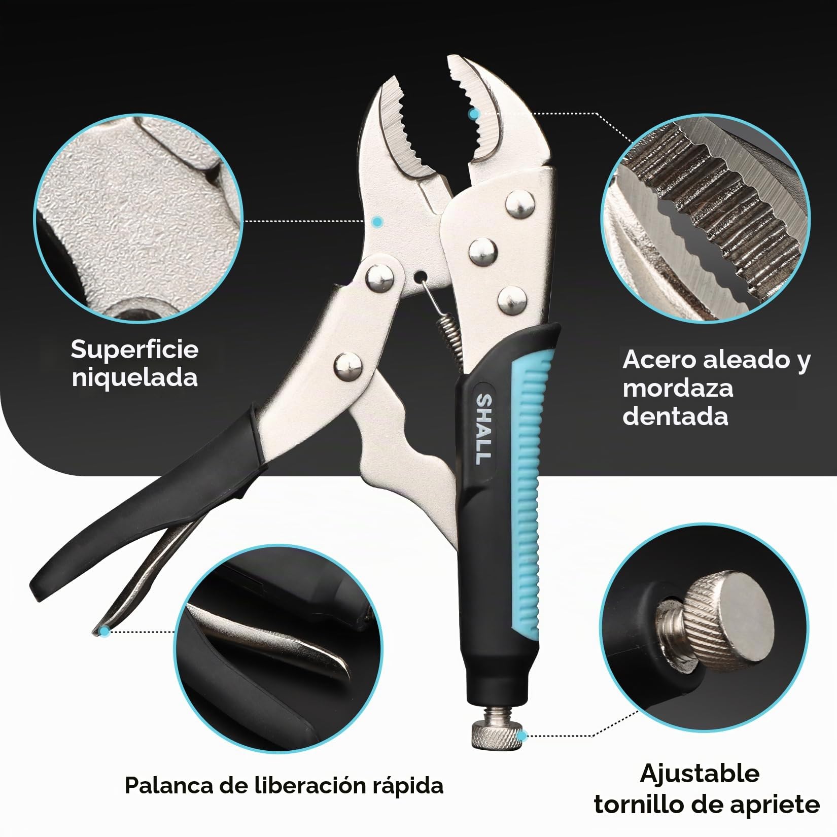 SHALL Alicates de bloqueo de 6 piezas, juego de alicates con mordazas curvas de 5", 7" y 10", alicates de punta larga de 6-1/2" y 9-1/2", abrazadera en C de bloqueo de 6"