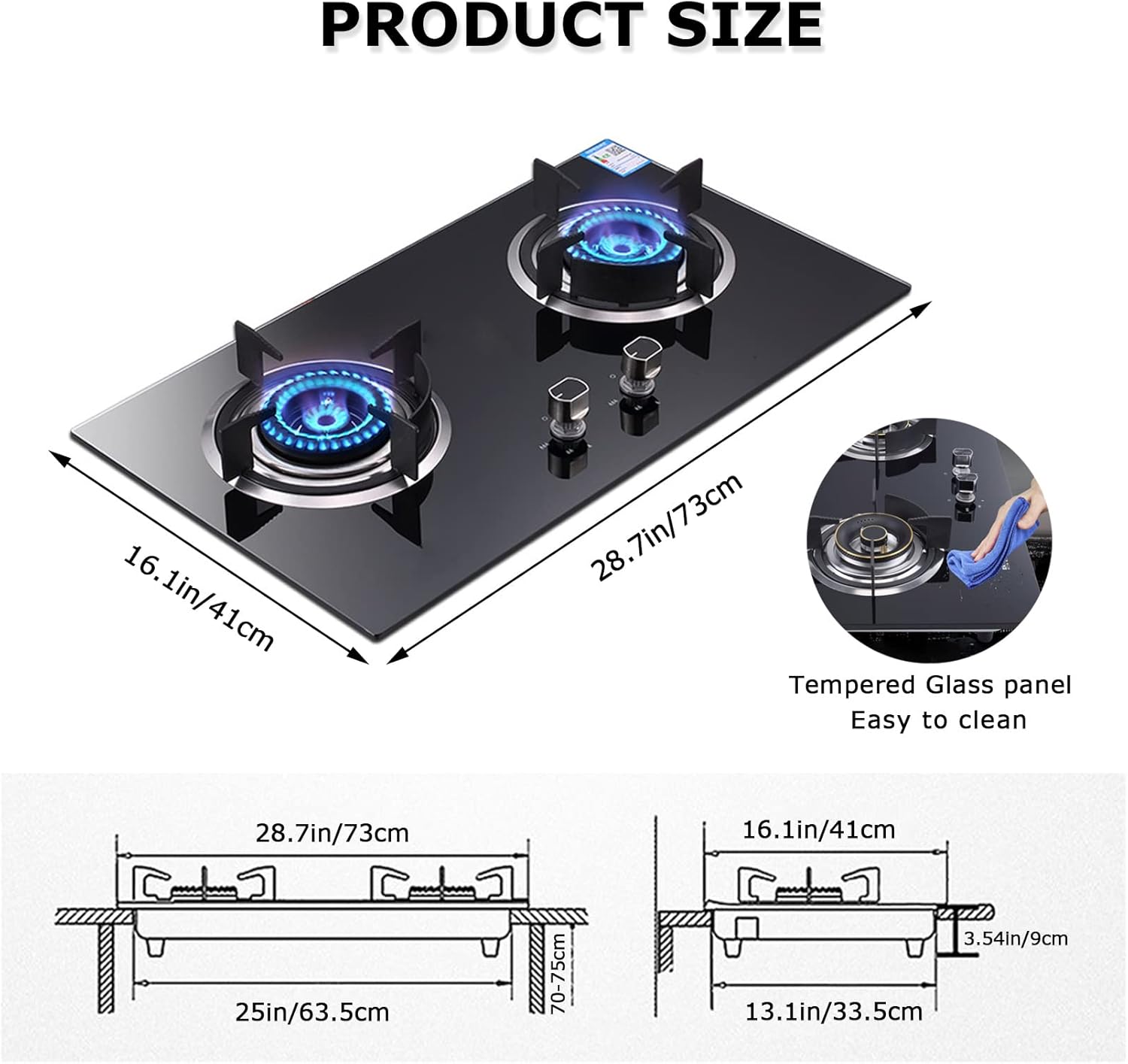 2 Burners Tempered Glass Gas Range Hob, Drop-In Gas Cooktop, Dual Burner Gas Countertop Outdoor (Natural Gas Liquefied Gas) (Natural Gas Liquefied Gas)