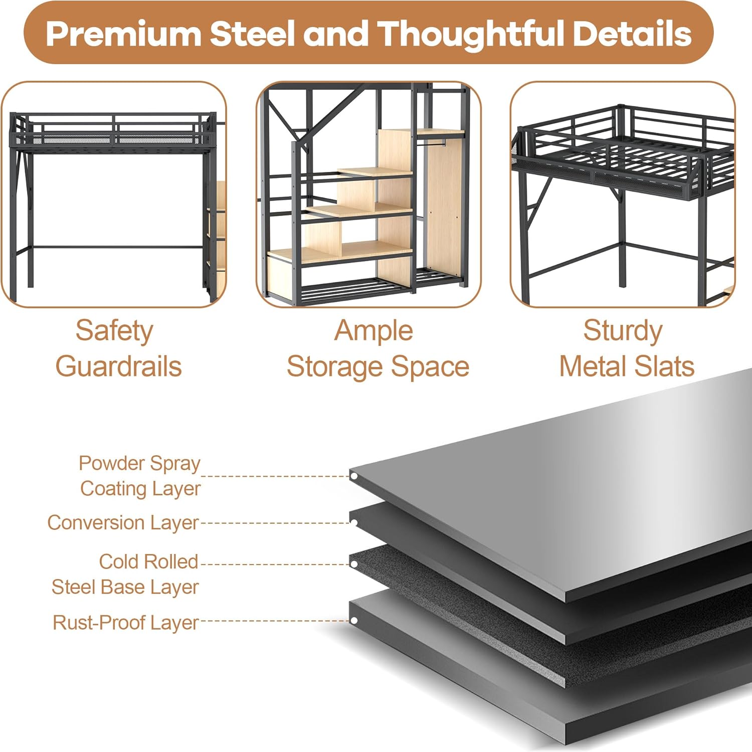 Loft Bed Full Size, Metal Loft Bed Frame with Stairs, Storage Shelves, Wardrobe, Heavy-Duty Noise-Free, Black