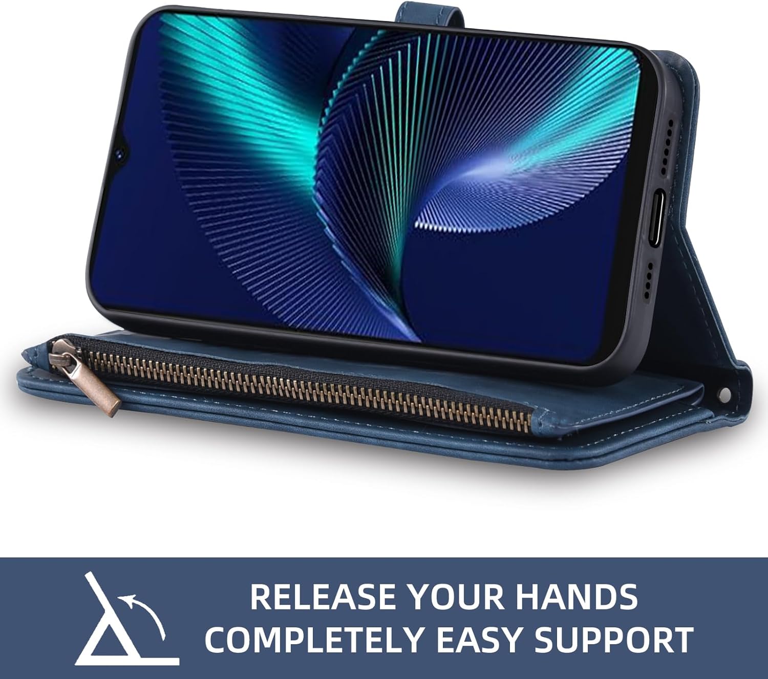 Phone Case for Tracfone BLU View Speed 5G B1550VL Wallet Cover With Screen Protector and Crossbody Wrist Strap Leather Flip Pattern Zipper Credit Card Holder Stand Cell Trac Fone BLUE ViewSpeed Blue