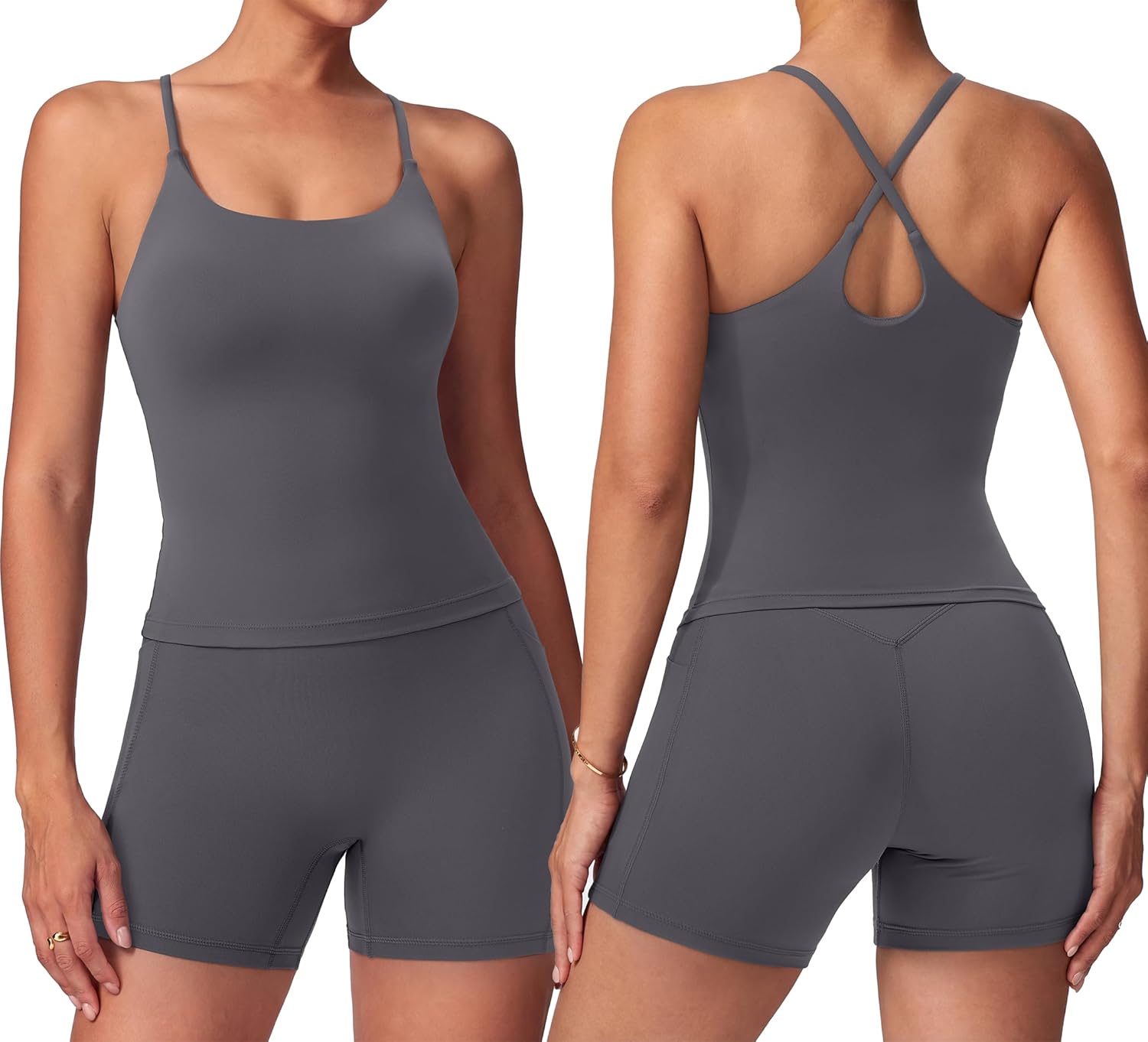 SUUKSESS Women 2 Piece Workout Sets Padded Gym Yoga Tank Top High Waisted Biker Shorts with Pockets