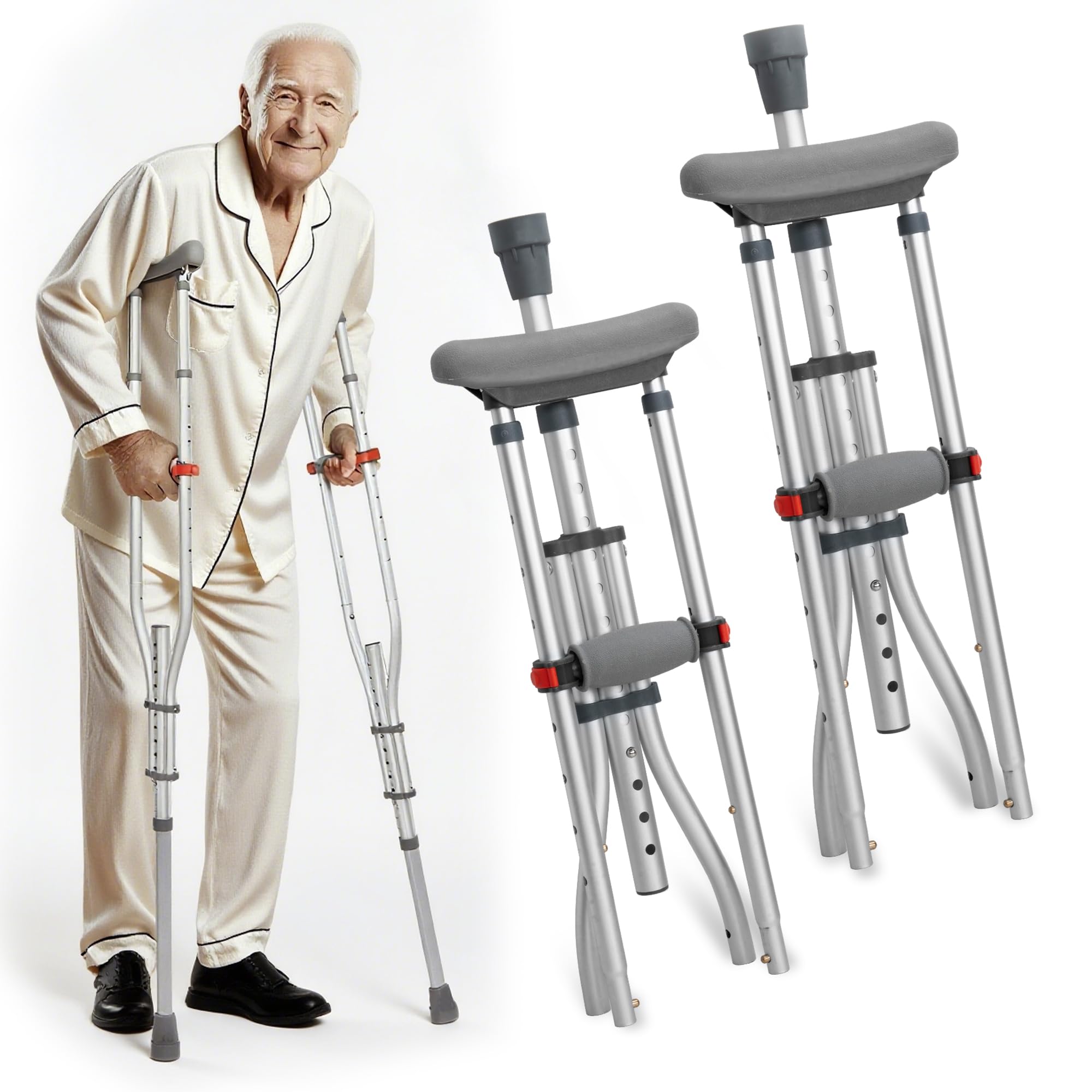Béquille Réglables pour Adultes(x2 Unités), Capacité de Charge 150KG, 1 Paire Canne Pliable en Aluminium avec Coussinets sous les Aisselles et Pieds Antidérapants, 1 Paire de Bequille