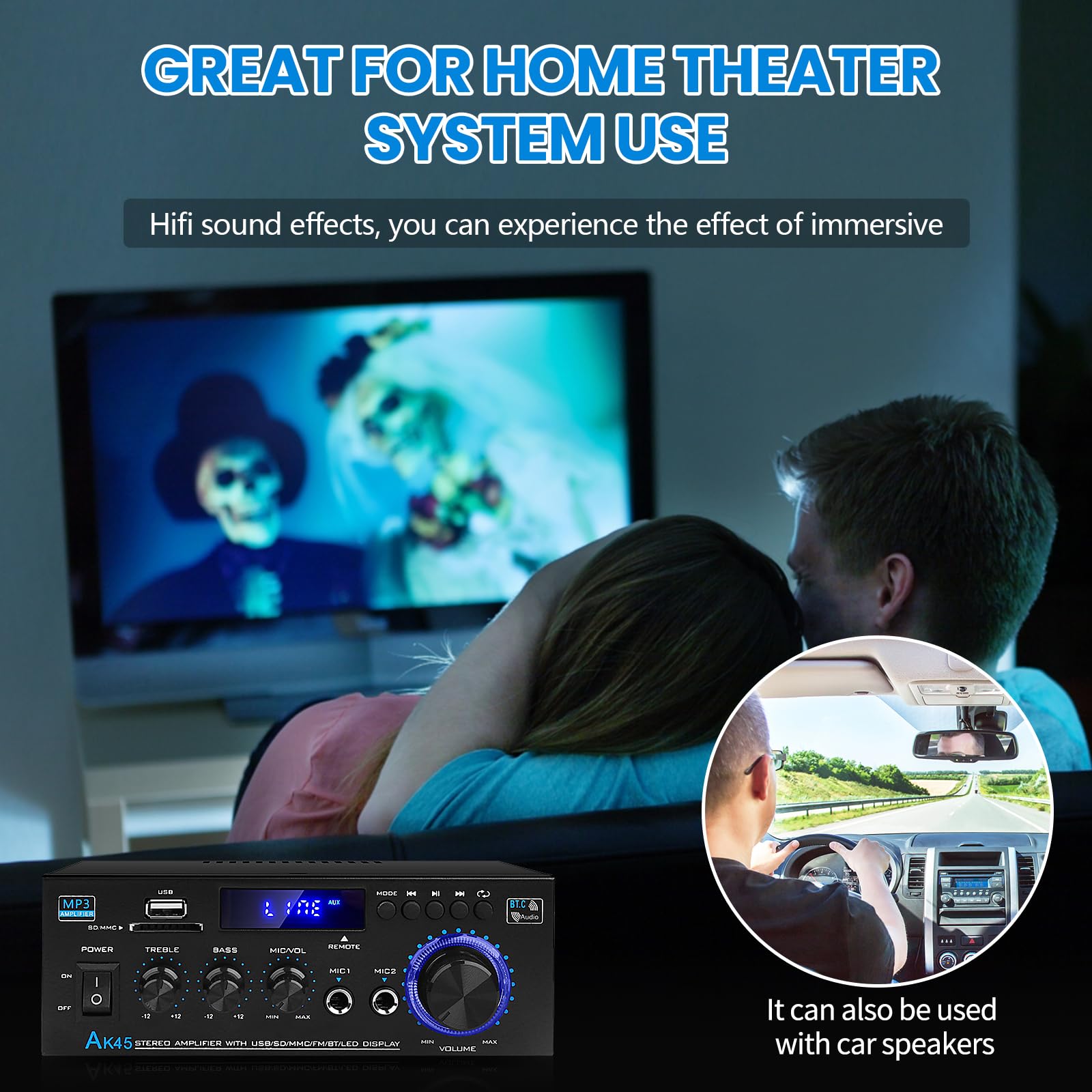 AK45 Bluetooth 5.0 Power Amplifier 2.0CH 40W x 2 Output Max 400W Subwoofer Hi-Fi Audio Amplifier Stereo Amp Receiver for Home Theater and Car Speaker W/Mic USB FM Radio — Amazon image 5
