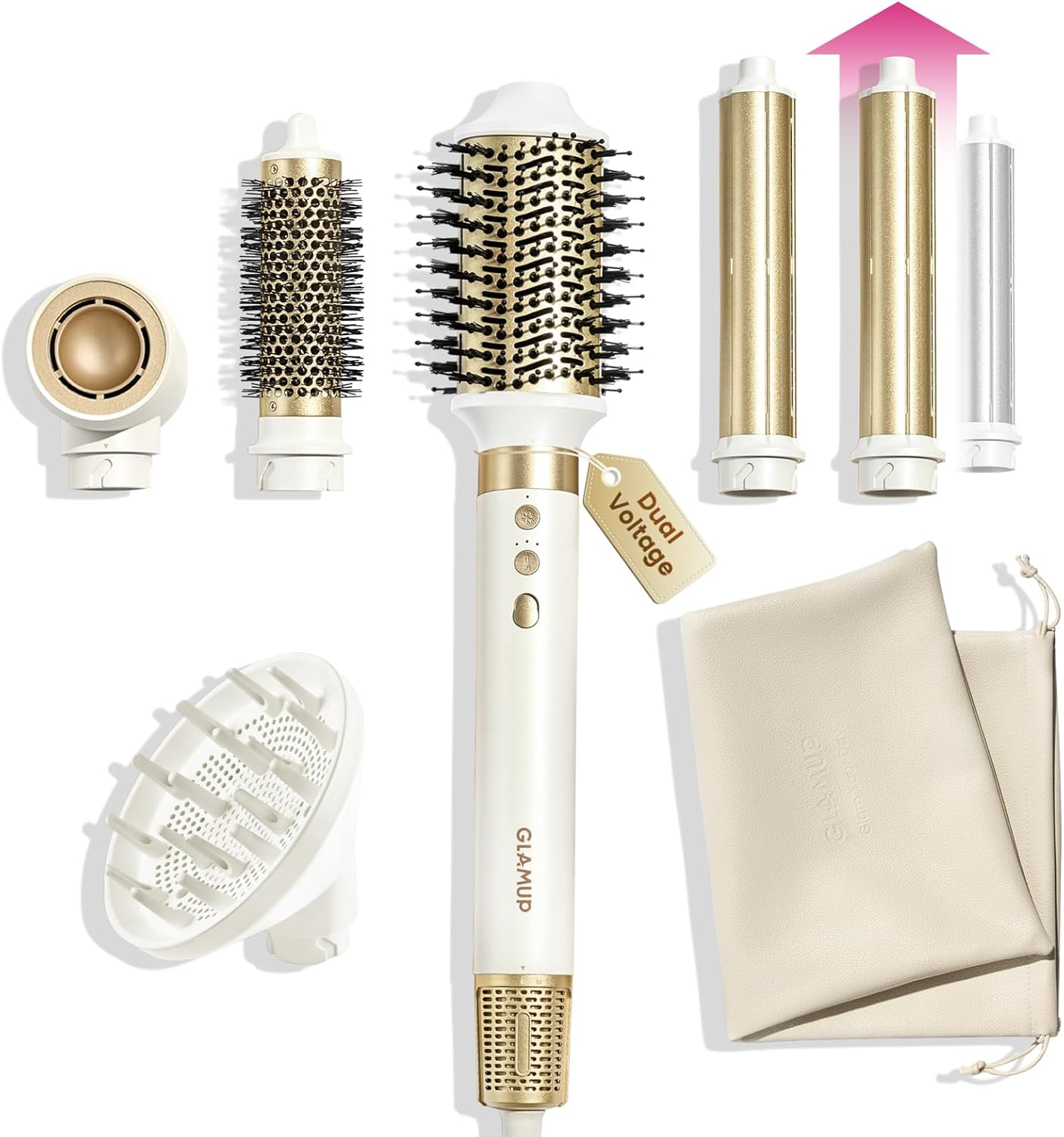 GLAMUP® Dual Voltage 6 in 1 Hot Air Styler, Upgraded Long Barrel, Diffuser, Round Brush, Powerful High Speed Dryer, Tight Grip, Curling Volumizing Gift Set with Bag, Travel Friendly