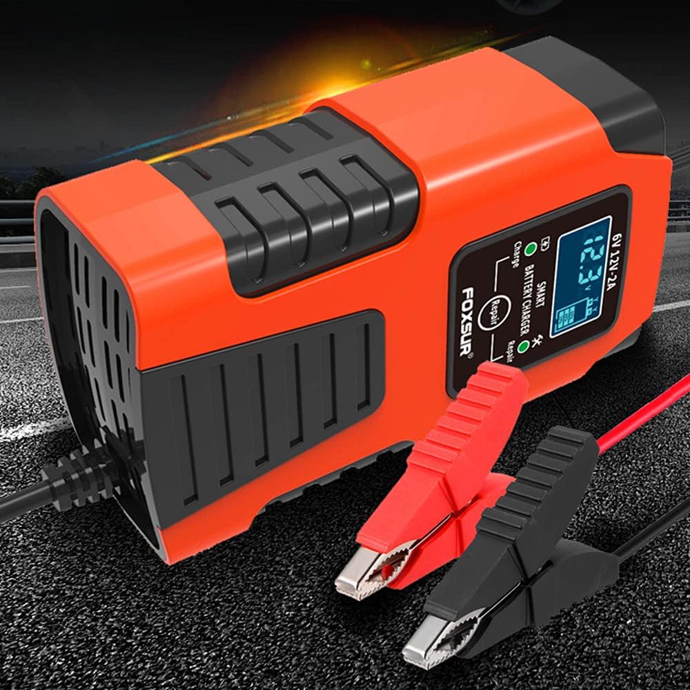 Automatic Car Battery Charger 6V/12V 2Amp with LCD Display Intelligent Battery Charger/Maintainer for Car Lawn Mower Motorcycle SUV ATV Marine Sealed Lead Acid Battery AGM etc.., Red