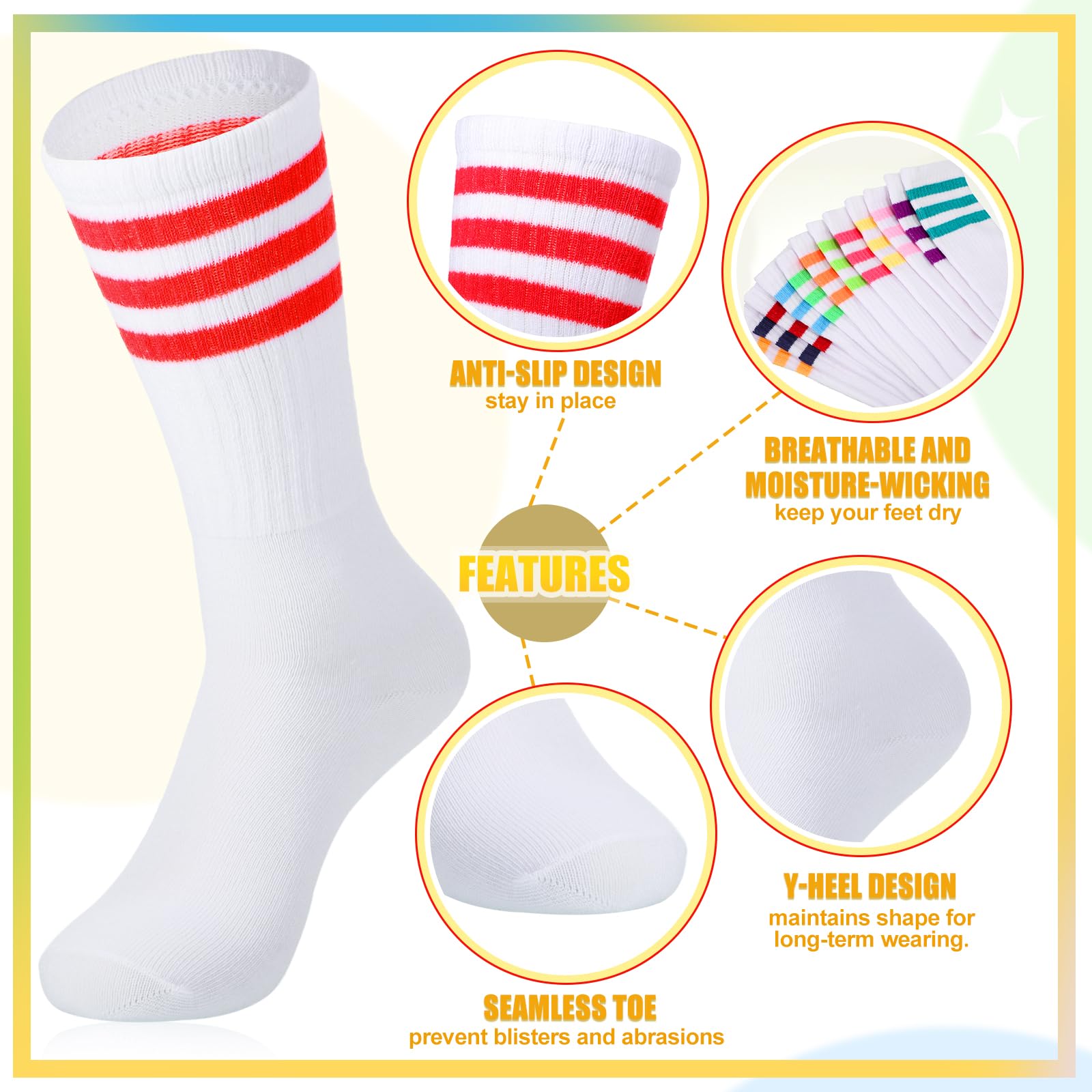 Hillban Sweatband Striped Socks Set Sports Cotton Headband Wristband 80s 90s Workout Athletic Accessory for Halloween Cosplay