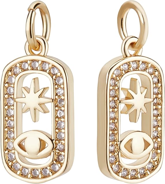 Beebeecraft 10Pcs/Box Cubic Zirconia Charms 18K Gold Plated Brass Oval with Star & Eye Pendant Charms with Jump Ring for Jewelry Making Necklace Bracelet