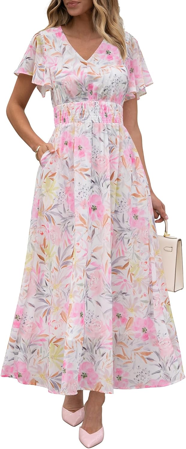 ANRABESS Womens Summer Floral Maxi Dress Casual V Neck Short Sleeve Chiffon Boho Flowy Beach 2026 Wedding Guest Long Dresses