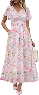 Womens Summer Floral Maxi Dress Casual V Neck Short Sleeve Chiffon Boho Flowy Beach 2025 Wedding Guest Long Dresses