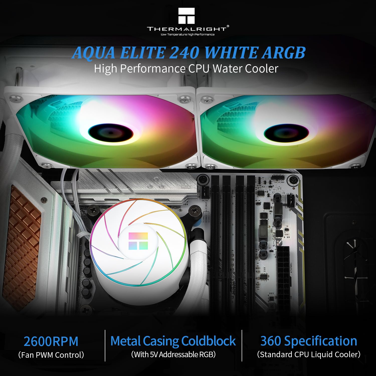 Thermalright Aqua Elite 240 White ARGB Liquid CPU Cooler, 240 Cooling Row Size, Double PWM Fans,1550RPM Speed,for AMD/AM4/AM5,Intel LGA1150/1151/1155/1156/1200/2011/1700/1851(White)