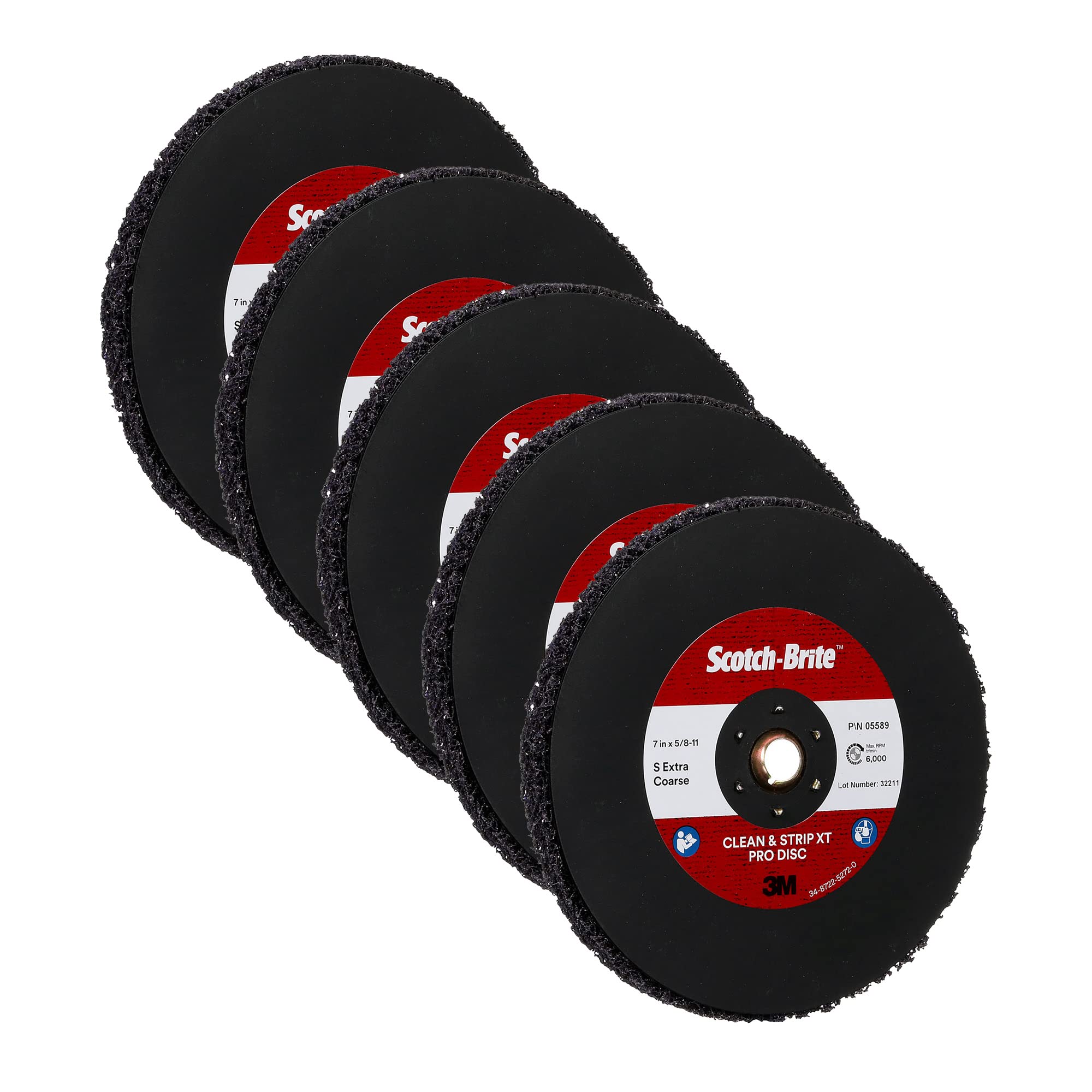 Scotch-Brite Clean and Strip XT Pro Disc, XO-DC, SiC extra grueso, TN cambio rápido, 7 x 5/8"-11, paquete de 5, carburo de silicio corta agresivamente y deja un acabado fino, resiste la carga