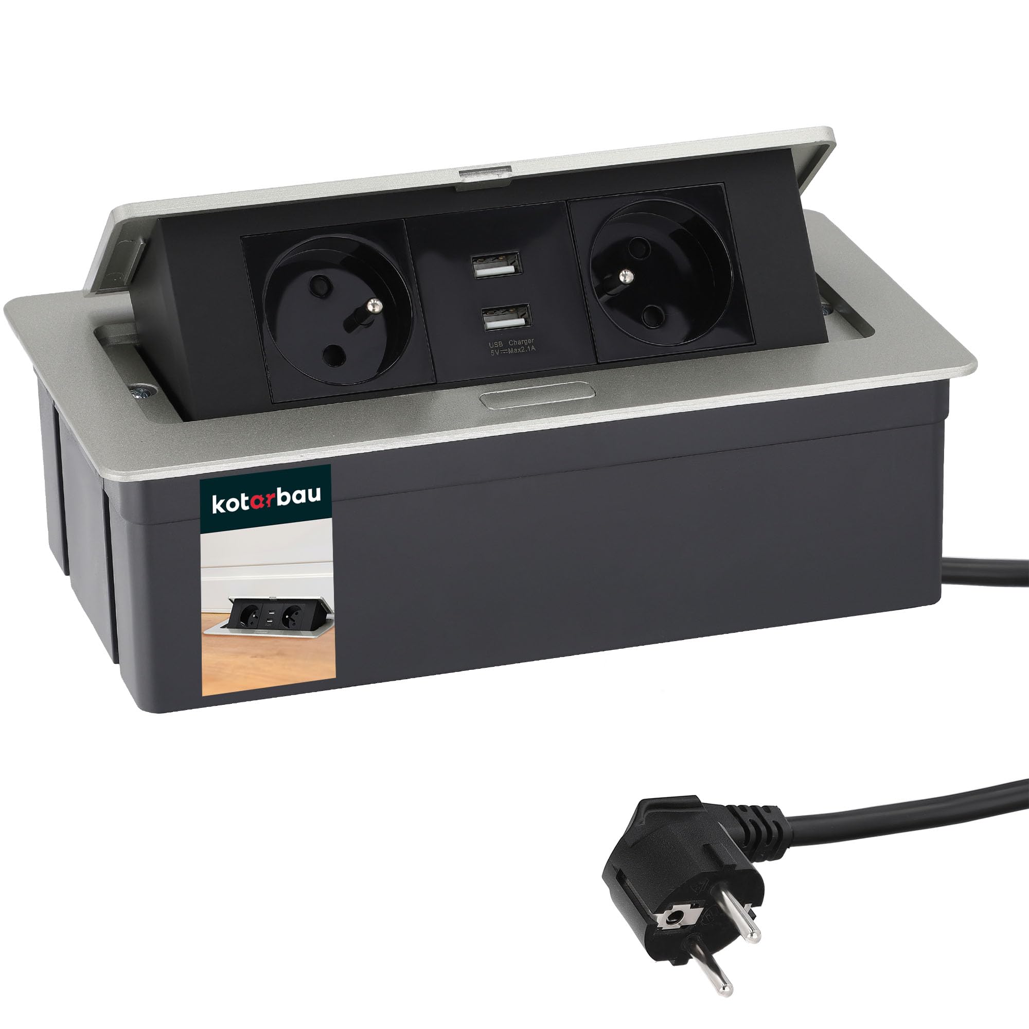 KOTARBAU® - Ciabatta elettrica a 2 prese, con porte USB, in alluminio, colore argento