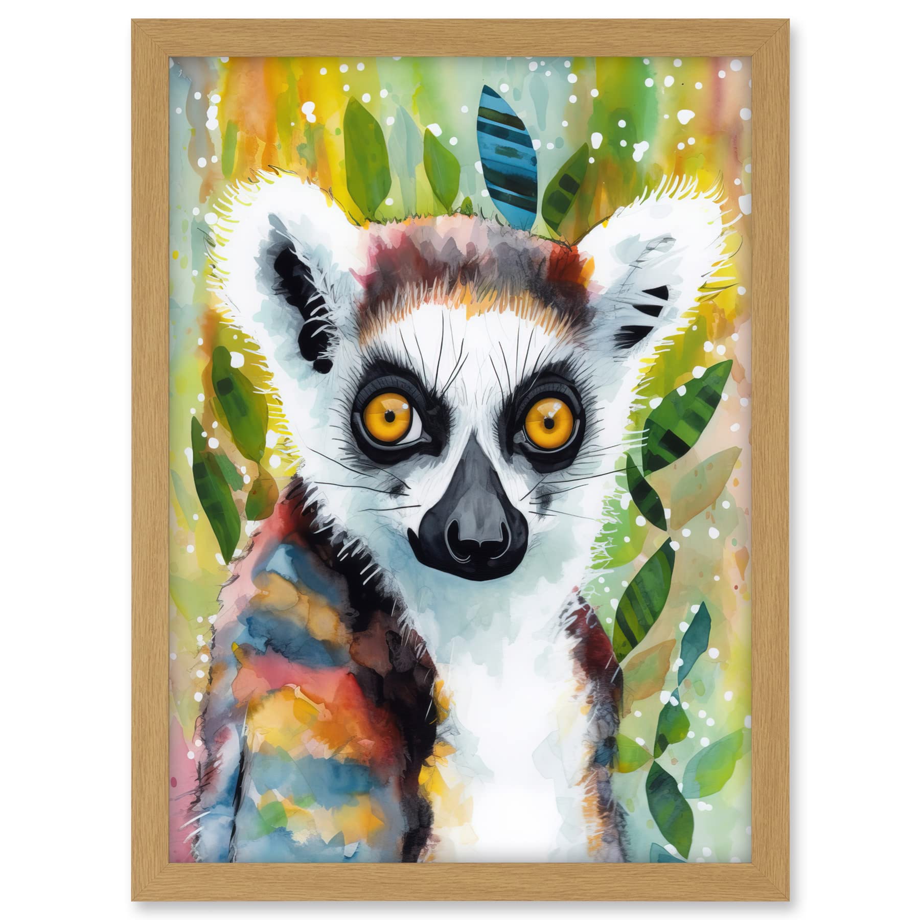 Artery8 Lemur Portrait Folk Art Watercolour Painting Artwork Framed A3 Wall Art Print