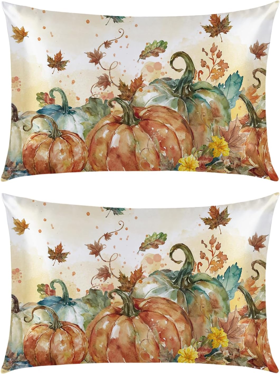 Horaldaily Fall Cyan Orange Pumpkin Standard Size Satin Pillowcases 2PCS