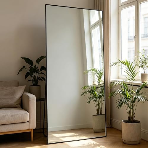 Full Length Mirror 180x80 cm Floor Mirror Large Black Body Mirrors Rectangle for Bedroom Living Room Standing Hanging or Leaning Against Wall Aluminum Alloy Frame