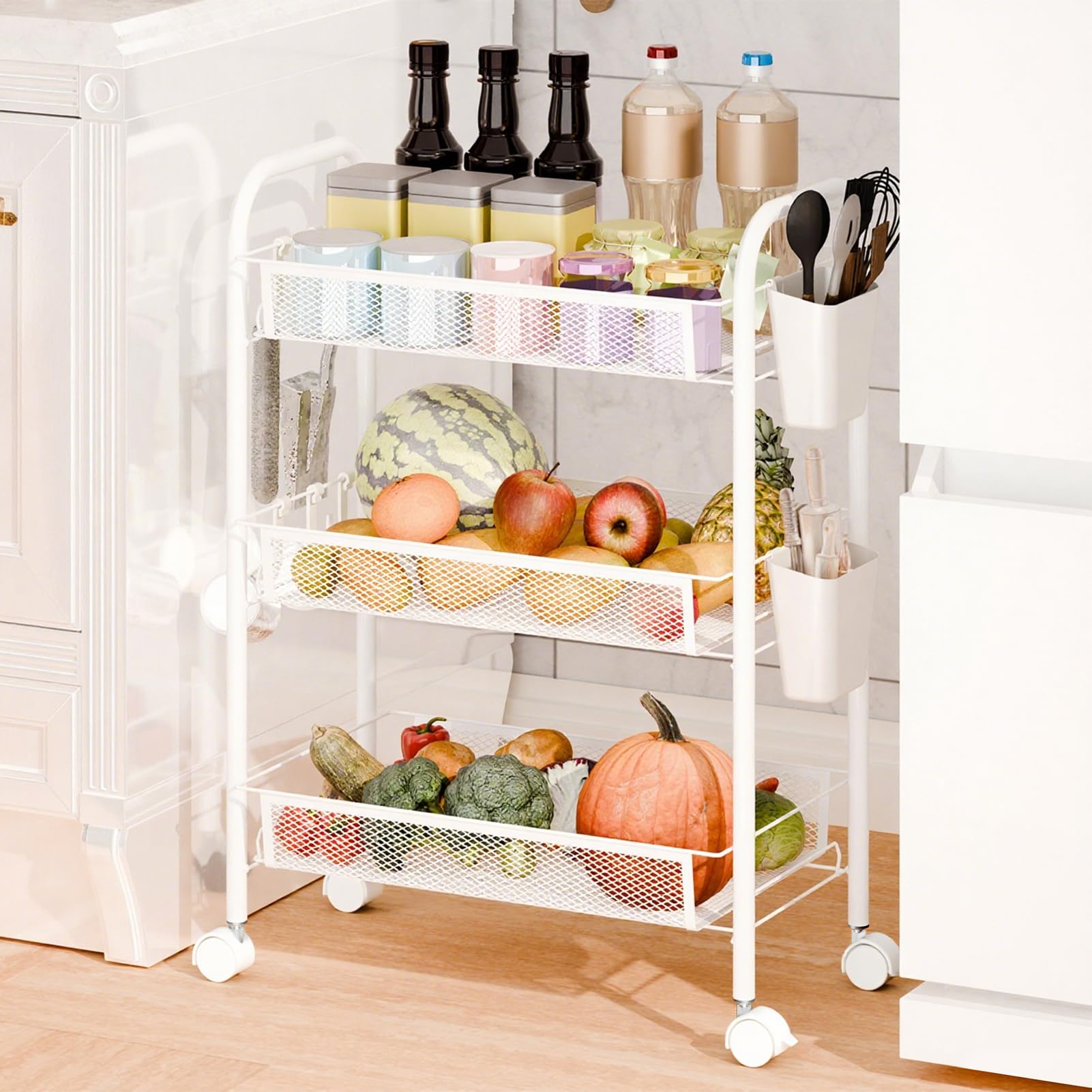 woshapce 5 Tier Kitchen Trolley, Metal Mesh Vegetable Rack for Kitchen, Veg Rack with Detachable Vegetable Baskets, Storage Trolley Cart for Kitchen, Bathroom, Living Room (White 3-Layers)