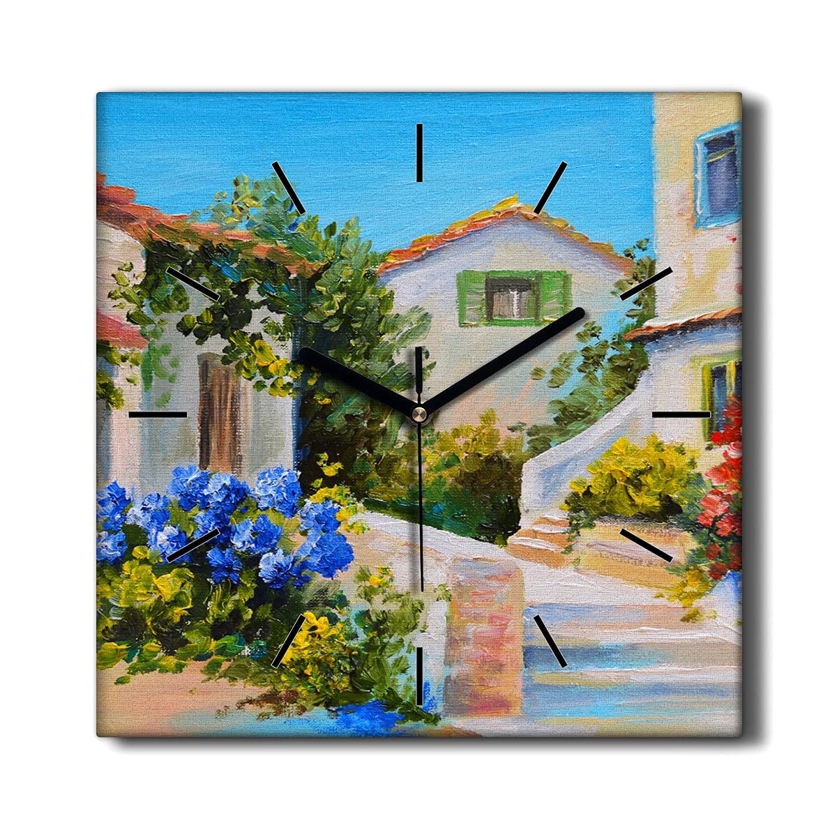 Horloge sur toile 30x30cm Coloray sans tic-tac deco murale salon motifs batiments et fleurs