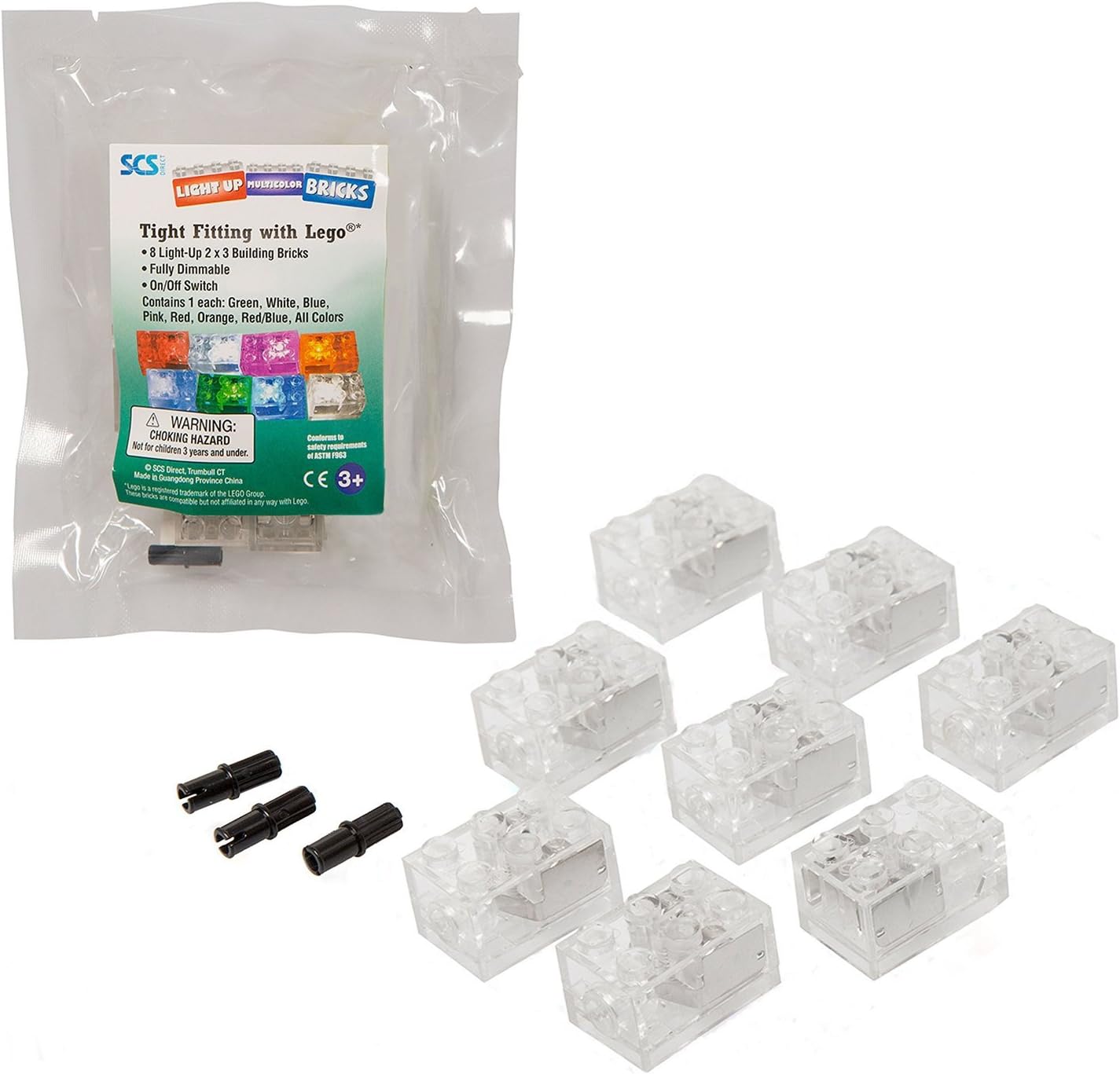 SCS Direct Light Up Building Block Bricks Set of 8 (2"x3") with On/Off and Dim Ability - Multicolor Light for Each Brick, Compatible and tight fit with All Major Brands, School Projects Activity, Gift