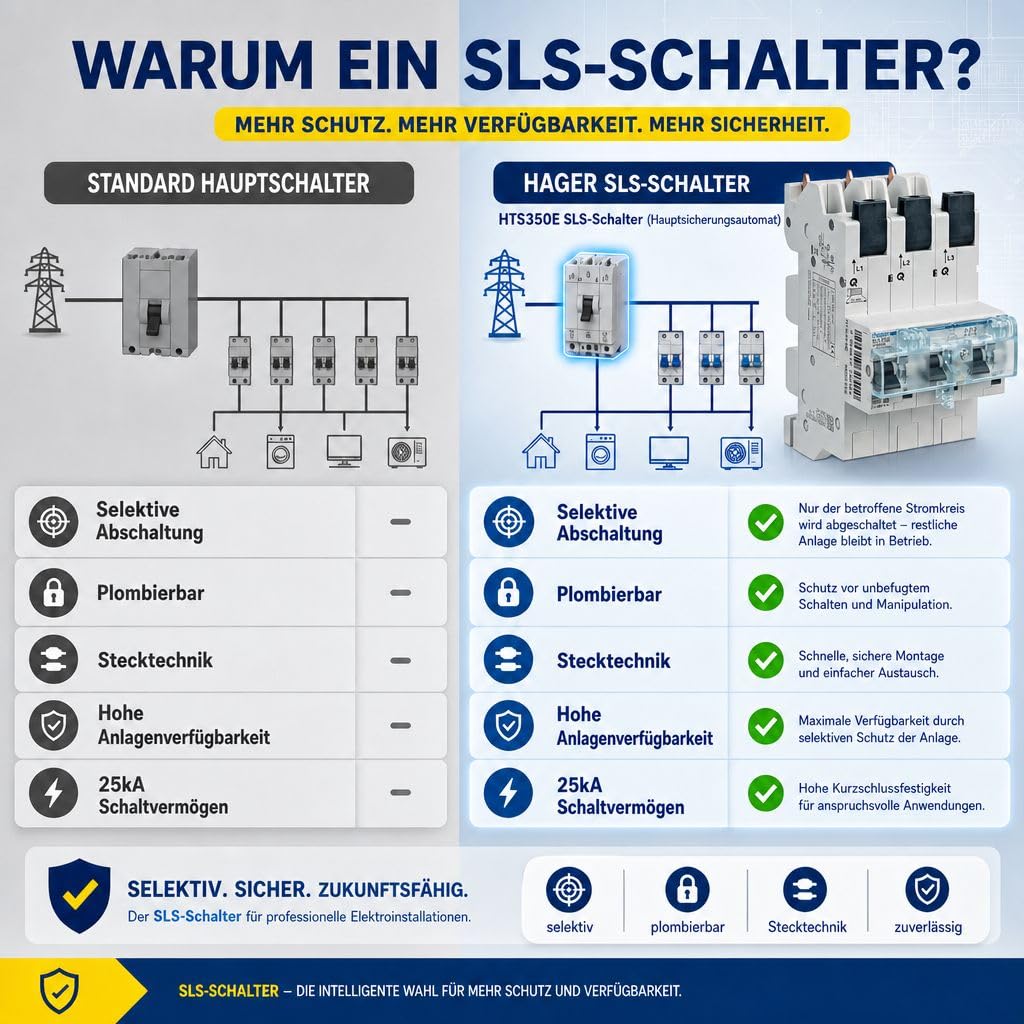 Hager HTS350E SLS-Schalter 50A 3-polig selektiver Hauptsicherungsautomat SHU mit Stecktechnik, Hauptleitungsschutzschalter für Zählerschrank Sammelschiene 400V 25kA