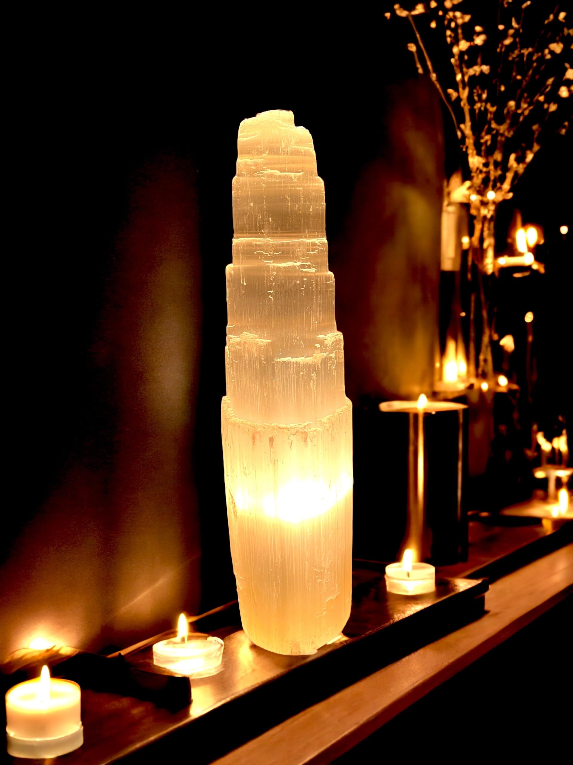 Vingardium Leviosa Natural Pure Selenite Crystal Light Mountain Tower Lamp Handmade Energy Healing Clarity And Meditation Lamp Home Decoration Tablelamp Mineral Christmas Occasion Gift (30Cm)
