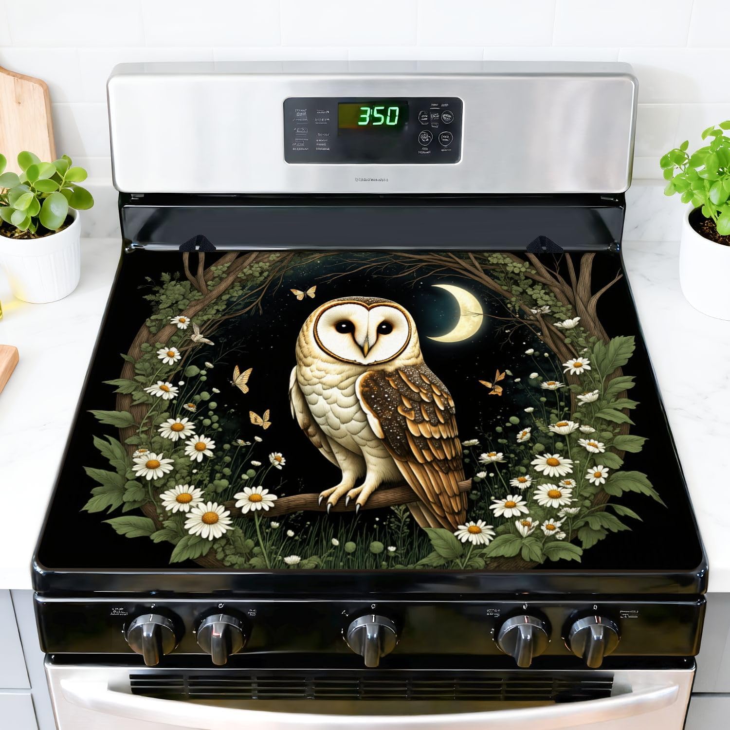 Stove Top Covers for Electric Stove Whimsical Barn Owl Surrounded by Daisies Butterflies Forest Glass Cooktop Burner Covers Heat Resistant Protector Kitchen Decor Keep Stove Clean 28''x20''