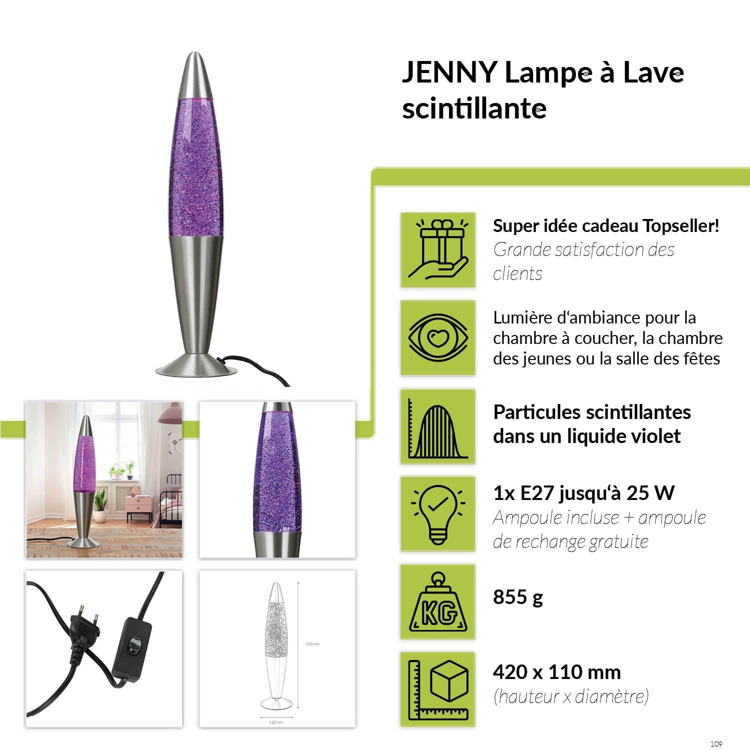 Lámpara de lava púrpura con purpurina, lámpara de purpurina plateada, retro, salón, decorativa, H:42 cm, G9, bombilla incluida, excitante, purpurina, lámpara de mesa JENNY