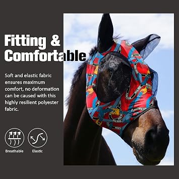 Mask Tech Horse Fly Mask Elasticity Breathable Fabric with UV Protection Soft Mesh for Horse Entwined Straps M