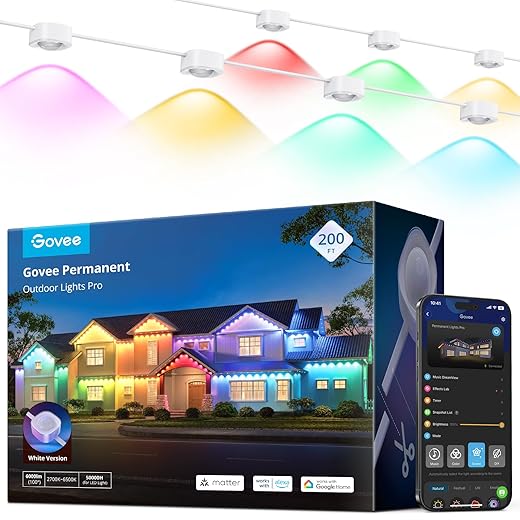 Govee Permanent Outdoor Lights Pro, 200ft with 120 RGBIC LED Lights for Daily and Accent Lighting, 75 Scene Modes for Outdoor Decor, IP67 Waterproof, Works with Alexa, Google Assistant, Matter, White