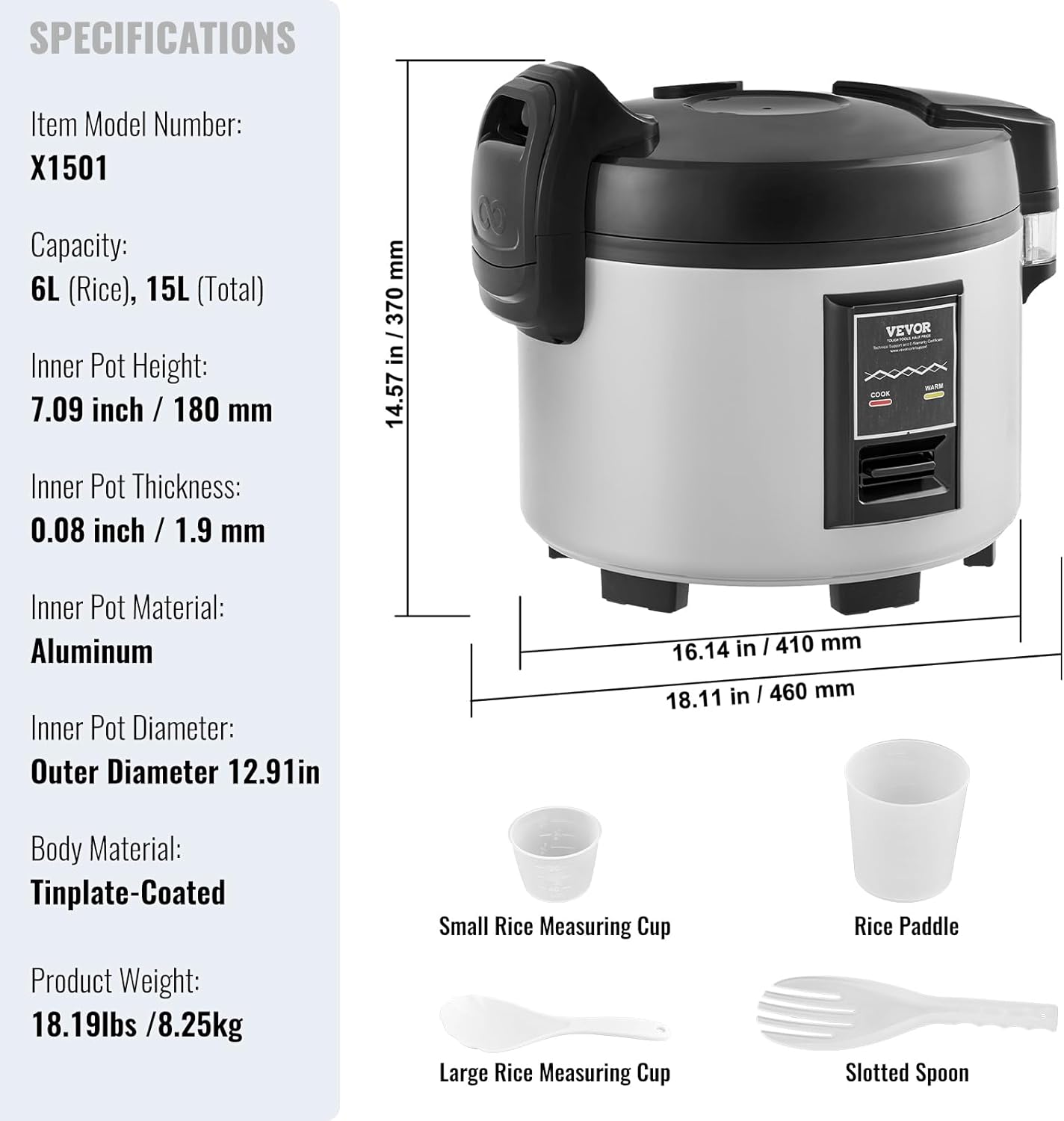 VEVOR Commercial Rice Cooker, 70-Cup Rice Cooker, 15.85 Qt / 15 Liter Large Rice Cooker and Warmer with Nonstick Inner Pot, Fast Cooking and 12-Hour Keep Warm, with Rice Cup and Paddle, for Restaurant