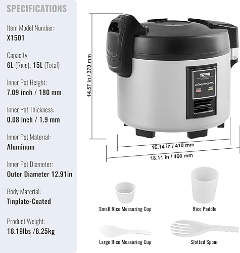 Miniatura 7 de VEVOR Arrocera comercial, olla arrocera de 70 tazas, olla arrocera grande de 15.85 cuartos de galón y calentador con olla interior antiadherente,