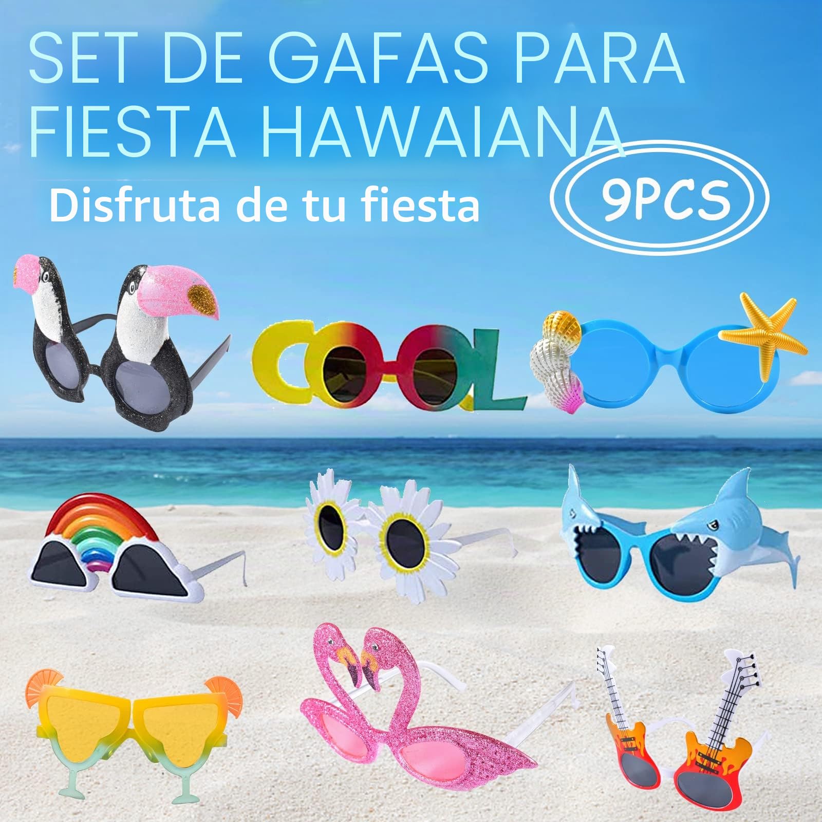 Gafas de Fiesta, 9 Pares de Gafas de Sol Divertidas, Gafas de Sol de Fiesta para Uso Casual, Gafas de Hawaii Accesorios de Fiesta, Novedad Luau Gafas de Fiesta para Niños, Adolescentes y Adultos