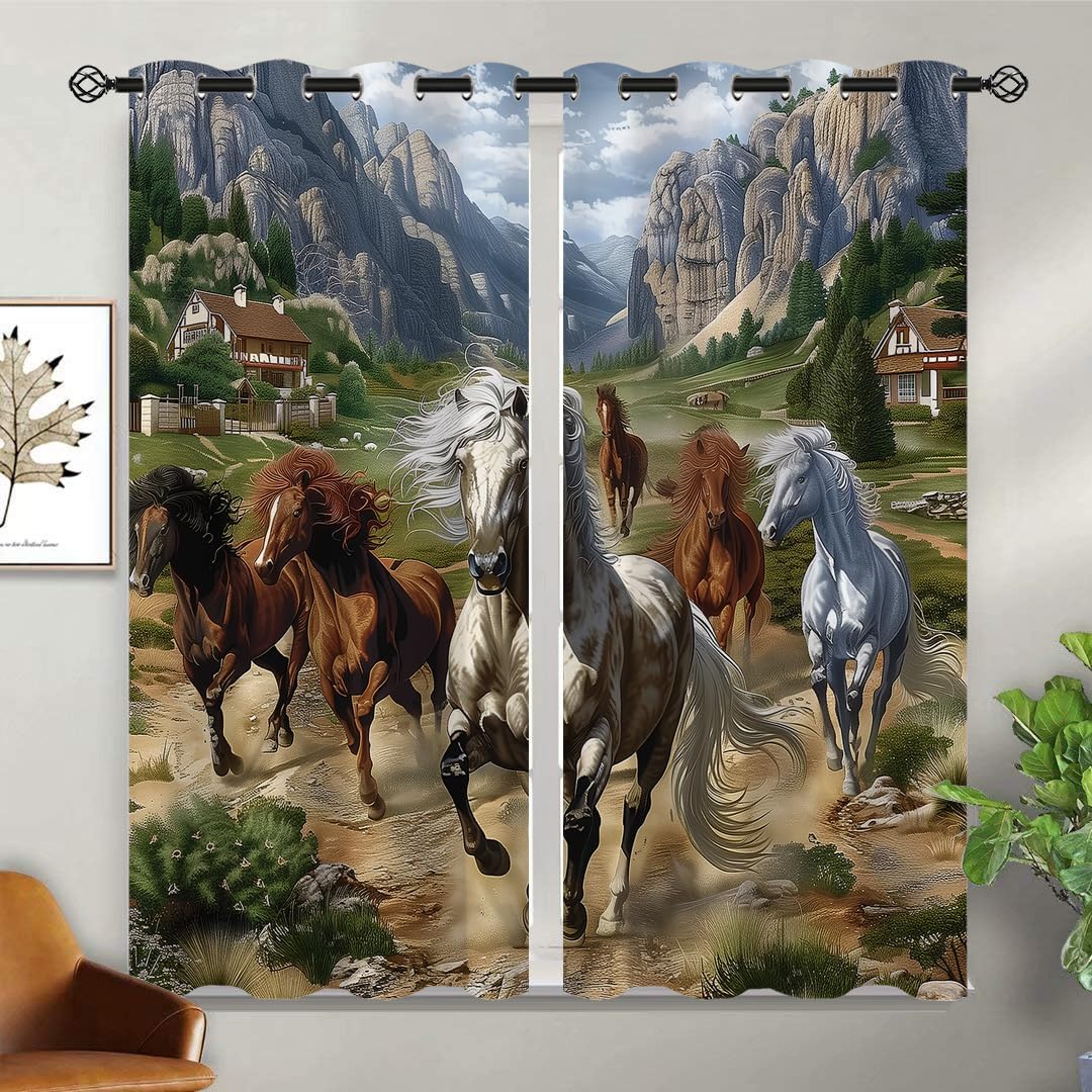 Horse Blackout Curtains for Girls Boy Home Decor, Rustic Farm Animals Galloping Horse Art Painting Grommet Thermal Insulated Drapes Darkening Window Curtain for Bedroom Living Room, 42 x 45 Inch