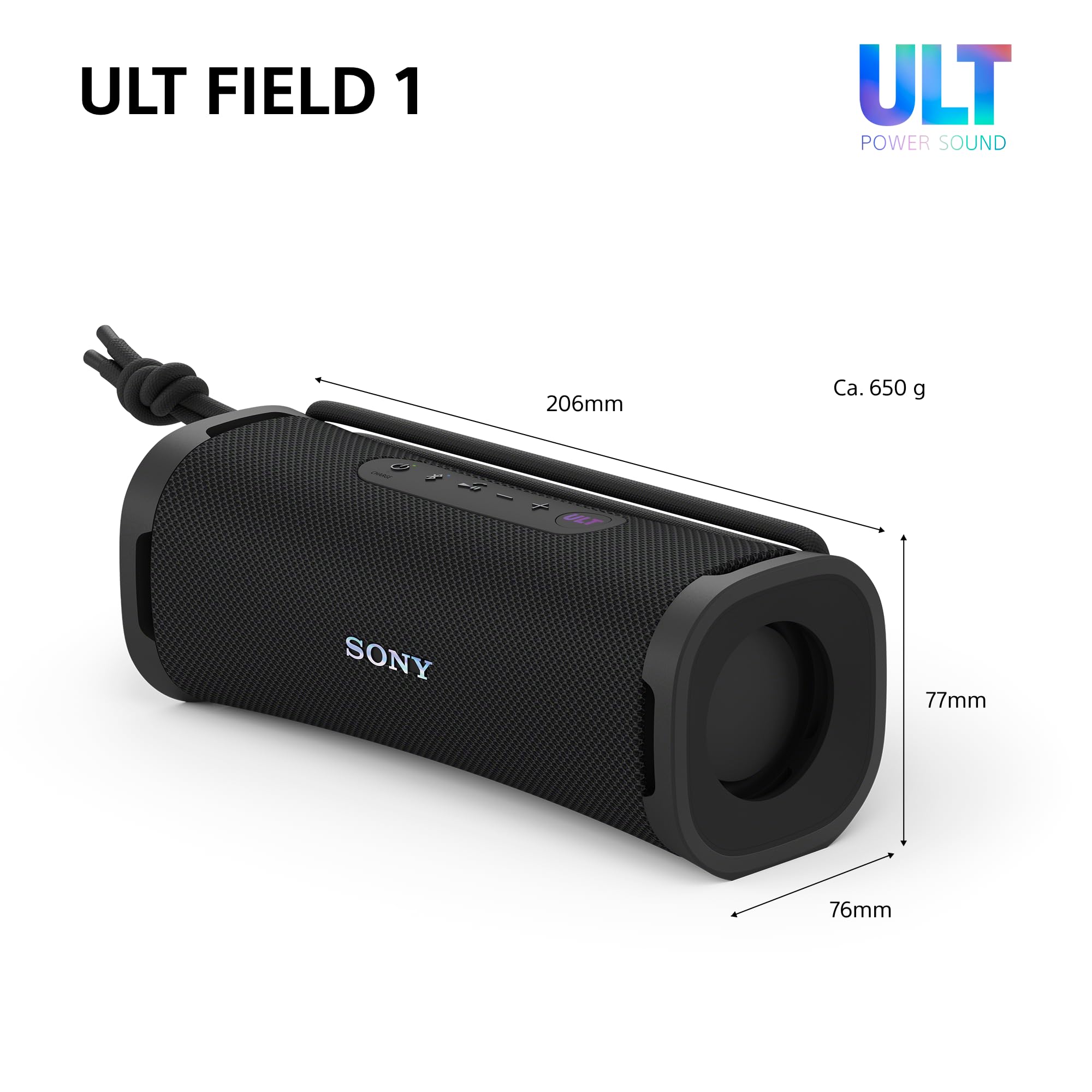 Sony ULT Field 1 - Kabelloser tragbarer Bluetooth-Lautsprecher mit ULT Power Sound, kraftvollem Bass, IP67, wasserdicht, staubdicht, stoßfest, 12h Akku, klare Gesprächsqualität, Outdoor- Schwarz