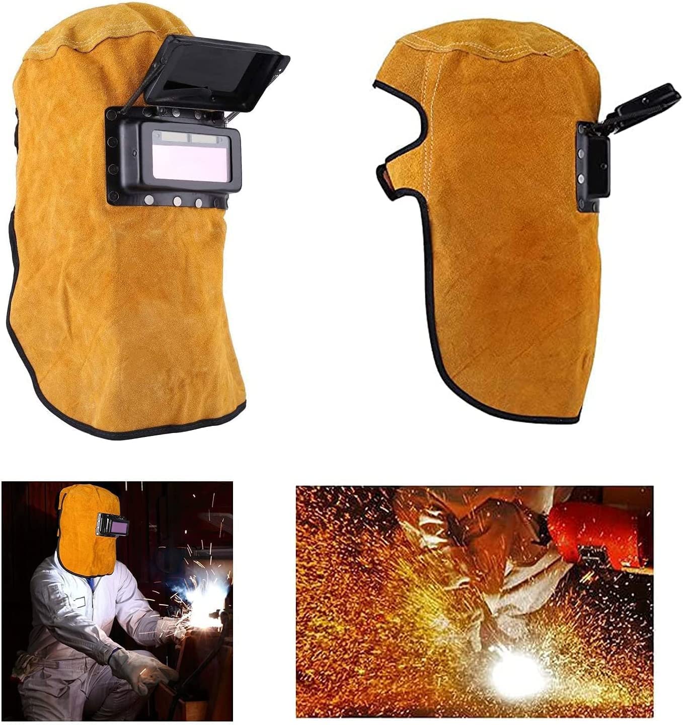 Cagoule de Soudure en Cuir, Masque en Cuir de Bonne qualité Masque de Soudeur Auto-Obscurcissant Portefeuille Lentille de Protection Confortable & Résistant à la Chaleur